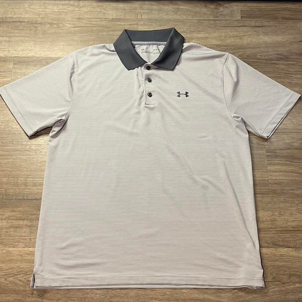 Under Armour Blue Striped Heat Gear Sportswear Polo Button Shirt size large